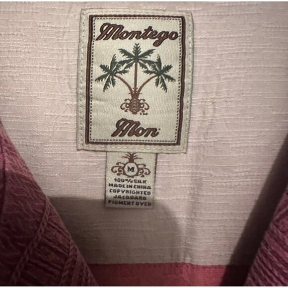 Montego Mon Mens Medium Red Jacquard Silk Button-Up Shirt Embroidered Treetops L - Picture 4 of 9